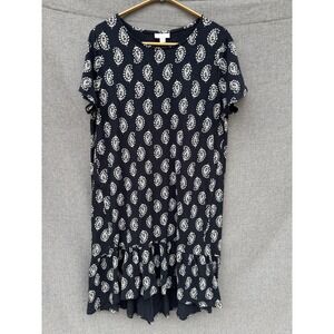 NWT J Jill MP‎ Flounce Hem Navy Blue Paisley Pockets Short Sleeve Dress